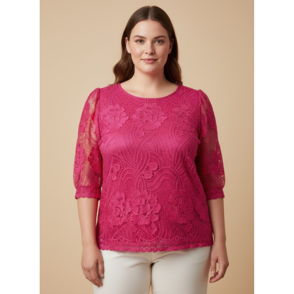Floral Lace Elbow Sleeve Blouse Fuchsia Pink‎ Keyhole Back Top Size 2XL